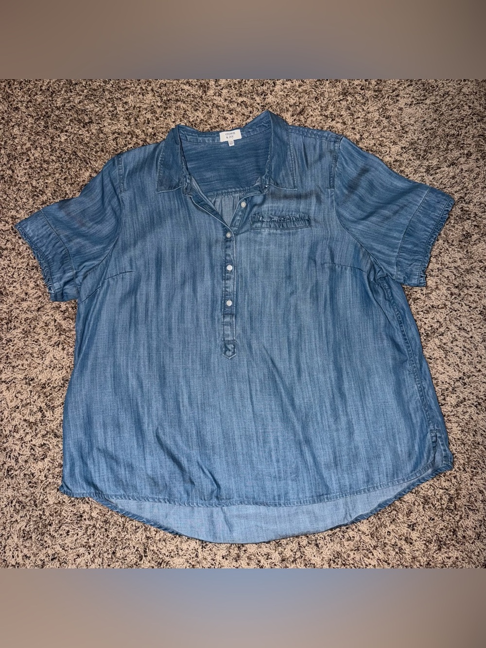 Light Blue Denim-Look Short Sleeve Popover Top